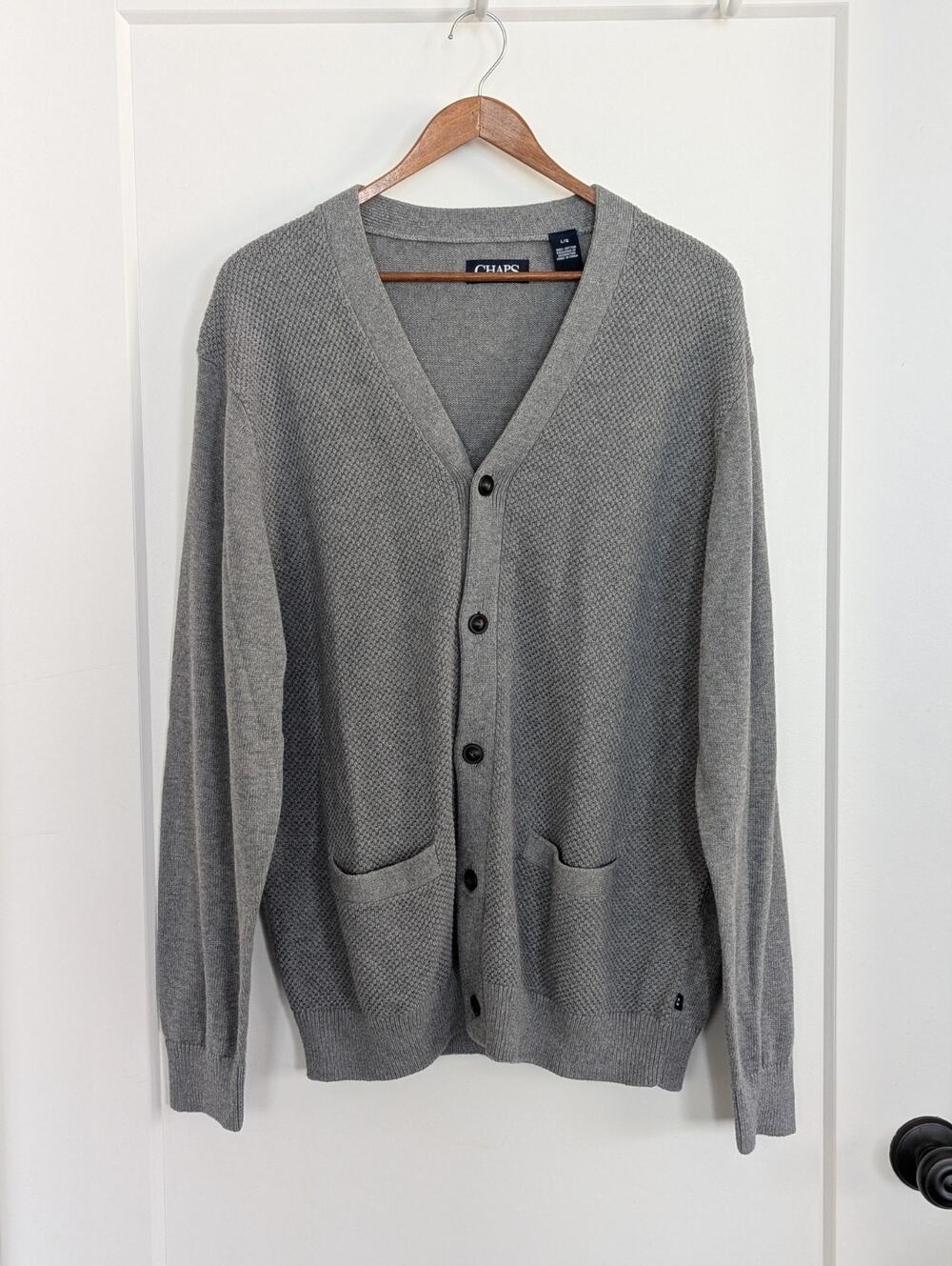 Chaps Men's Large Gray Sweater Cardigan Wood Buttons 100% Cotton